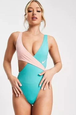 Nike - Color Block Crossover One Piece (Washed Teal) -Nike Swim Equipment Discount Store nike color block crossover one piece washed teal 5